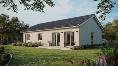 Projekt ERDOL 3 XL - Wersja lewa (salon po lewej stronie) - Dwuspadowy bez poddasza użytkowego – kąt nachylenia 25 stopni - Bez okien/świetlików dachowych - Okno balkonowe w jadalni - Bez styropianu, siatki i kleju - Biały - Bez instalacji fotowoltaicznej