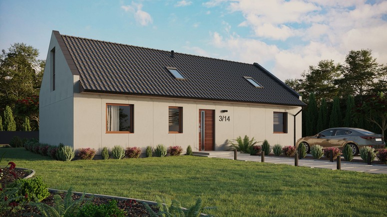 Projekt ERDOL 3 XL - Wersja prawa (salon po prawej stronie) - Dwuspadowy nowoczesny z poddaszem użytkowym – kąt nachylenia 35 stopni - Dwa okna dachowe pokojowe - Okna na poddaszu do podłogi - Bez styropianu, siatki i kleju - Orzech - Bez instalacji fotowoltaicznej