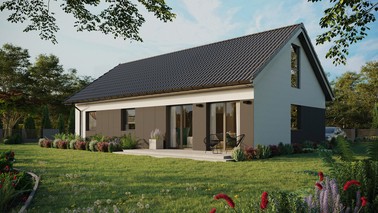 Projekt ERDOL 3 XL - Wersja lewa (salon po lewej stronie) - Dwuspadowy z poddaszem użytkowym – kąt nachylenia 35 stopni - Bez okien/świetlików dachowych - Okna na poddaszu do podłogi - Styropian, siatka i klej - Antracyt - Bez instalacji fotowoltaicznej