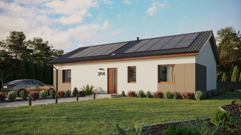 Projekt ERDOL 3 XL - Wersja lewa (salon po lewej stronie) - Dwuspadowy bez poddasza użytkowego – kąt nachylenia 25 stopni - Świetlik dachowy - Okna standardowe - Styropian, siatka i klej - Złoty dąb - Instalacja fotowoltaiczna 8,0 kWp (20 paneli)