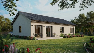 Projekt ERDOL 3 XL - Wersja prawa (salon po prawej stronie) - Dwuspadowy bez poddasza użytkowego – kąt nachylenia 25 stopni - Bez okien/świetlików dachowych - Okna standardowe - Bez styropianu, siatki i kleju - Antracyt - Bez instalacji fotowoltaicznej