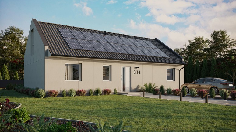 Projekt ERDOL 3 XL - Wersja prawa (salon po prawej stronie) - Dwuspadowy nowoczesny z poddaszem użytkowym – kąt nachylenia 35 stopni - Bez okien/świetlików dachowych - Okno balkonowe w jadalni i okna na poddaszu do podłogi - Bez styropianu, siatki i kleju - Biały - Instalacja fotowoltaiczna 8,0 kWp (20 paneli)