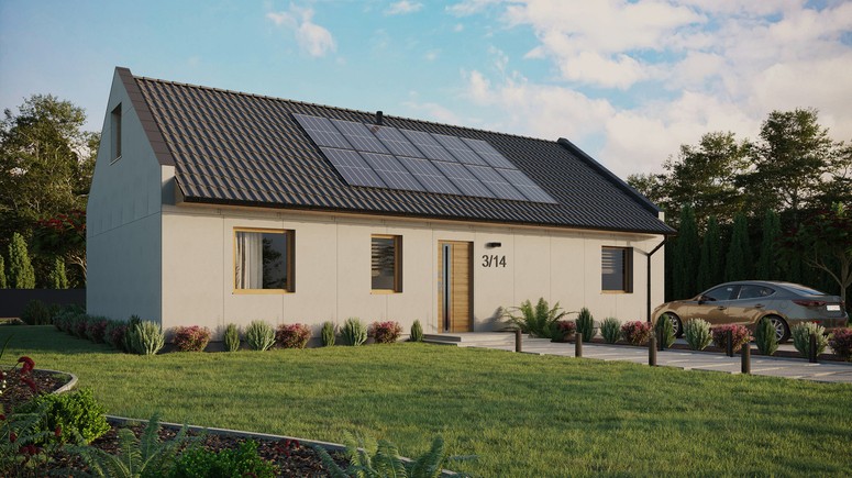 Projekt ERDOL 3 XL - Wersja prawa (salon po prawej stronie) - Dwuspadowy nowoczesny z poddaszem użytkowym – kąt nachylenia 35 stopni - Bez okien/świetlików dachowych - Okna standardowe - Bez styropianu, siatki i kleju - Winchester - Instalacja fotowoltaiczna 4,8 kWp (12 paneli)