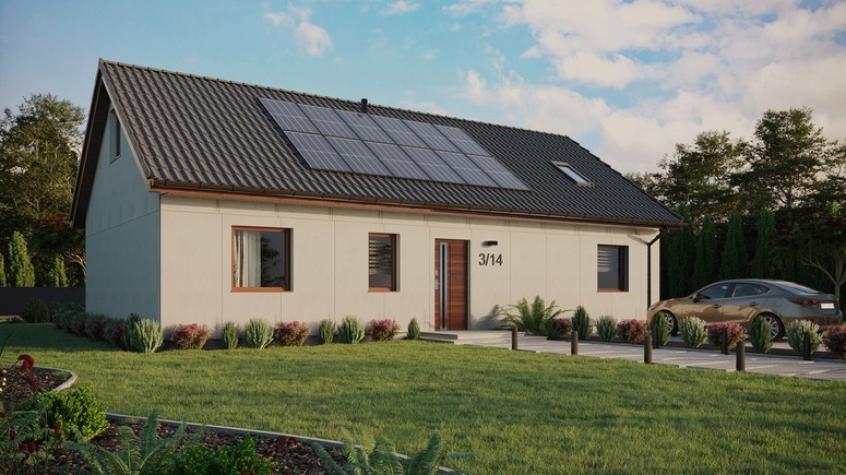 Projekt ERDOL 3 XL - Wersja prawa (salon po prawej stronie) - Dwuspadowy z poddaszem użytkowym – kąt nachylenia 35 stopni - Okno dachowe pokojowe i łazienkowe - Okna standardowe - Bez styropianu, siatki i kleju - Orzech - Instalacja fotowoltaiczna 4,8 kWp (12 paneli)