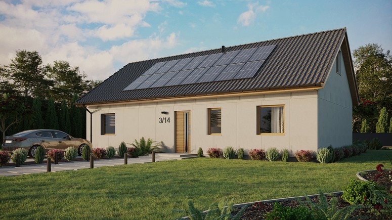 Projekt ERDOL 3 XL - Wersja lewa (salon po lewej stronie) - Dwuspadowy z poddaszem użytkowym – kąt nachylenia 35 stopni - Bez okien/świetlików dachowych - Okno balkonowe w jadalni - Bez styropianu, siatki i kleju - Winchester - Instalacja fotowoltaiczna 6,4 kWp (16 paneli)