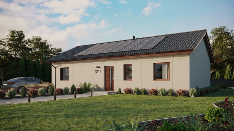 Projekt ERDOL 3 XL - Wersja lewa (salon po lewej stronie) - Dwuspadowy bez poddasza użytkowego – kąt nachylenia 25 stopni - Bez okien/świetlików dachowych - Okno balkonowe w jadalni - Bez styropianu, siatki i kleju - Orzech - Instalacja fotowoltaiczna 6,4 kWp (16 paneli)