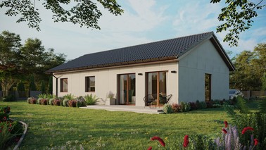 Projekt ERDOL 3 XL - Wersja lewa (salon po lewej stronie) - Dwuspadowy bez poddasza użytkowego – kąt nachylenia 25 stopni - Bez okien/świetlików dachowych - Okno balkonowe w jadalni - Bez styropianu, siatki i kleju - Orzech - Bez instalacji fotowoltaicznej