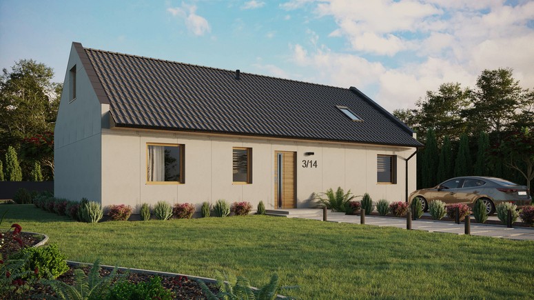 Projekt ERDOL 3 XL - Wersja prawa (salon po prawej stronie) - Dwuspadowy nowoczesny z poddaszem użytkowym – kąt nachylenia 35 stopni - Okno dachowe pokojowe i łazienkowe - Okna standardowe - Bez styropianu, siatki i kleju - Winchester - Bez instalacji fotowoltaicznej