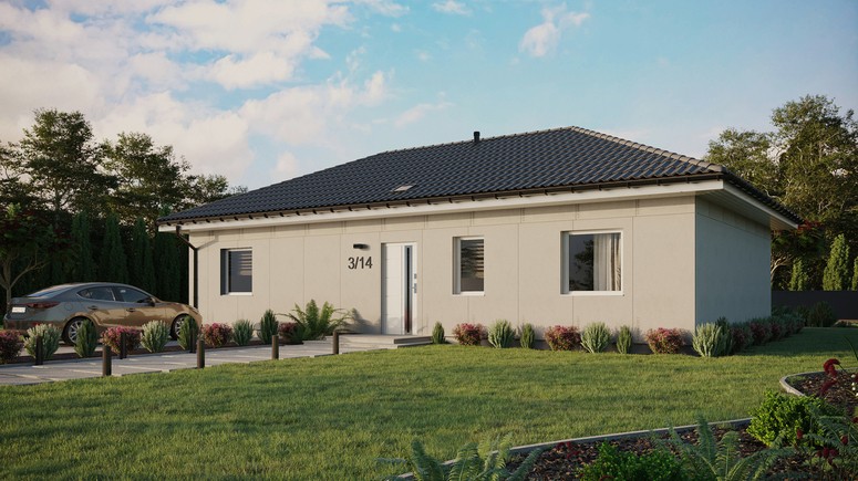 Projekt ERDOL 3 XL - Wersja lewa (salon po lewej stronie) - Czterospadowy bez poddasza użytkowego – kąt nachylenia 25 stopni - Świetlik dachowy - Okno balkonowe w jadalni - Bez styropianu, siatki i kleju - Biały