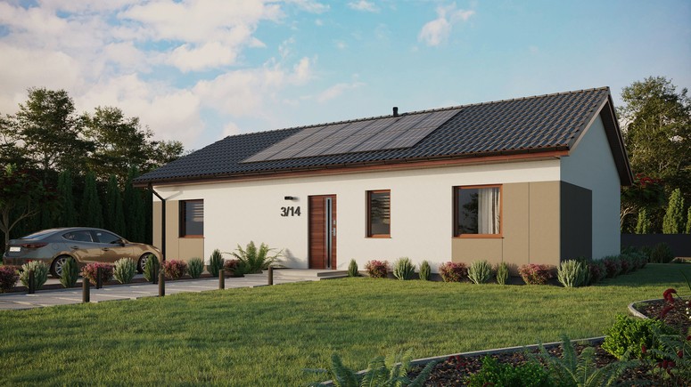 Projekt ERDOL 3 XL - Wersja lewa (salon po lewej stronie) - Dwuspadowy bez poddasza użytkowego – kąt nachylenia 25 stopni - Bez okien/świetlików dachowych - Okna standardowe - Styropian, siatka i klej - Orzech - Instalacja fotowoltaiczna 4,8 kWp (12 paneli)