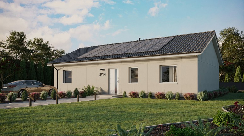 Projekt ERDOL 3 XL - Wersja lewa (salon po lewej stronie) - Dwuspadowy bez poddasza użytkowego – kąt nachylenia 25 stopni - Bez okien/świetlików dachowych - Okna standardowe - Bez styropianu, siatki i kleju - Biały - Instalacja fotowoltaiczna 6,4 kWp (16 paneli)