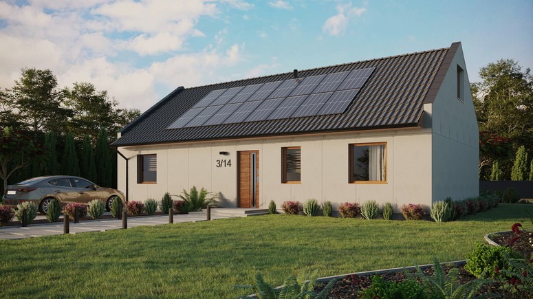 Projekt ERDOL 3 XL - Wersja lewa (salon po lewej stronie) - Dwuspadowy nowoczesny z poddaszem użytkowym – kąt nachylenia 35 stopni - Bez okien/świetlików dachowych - Okna standardowe - Bez styropianu, siatki i kleju - Złoty dąb - Instalacja fotowoltaiczna 6,4 kWp (16 paneli)