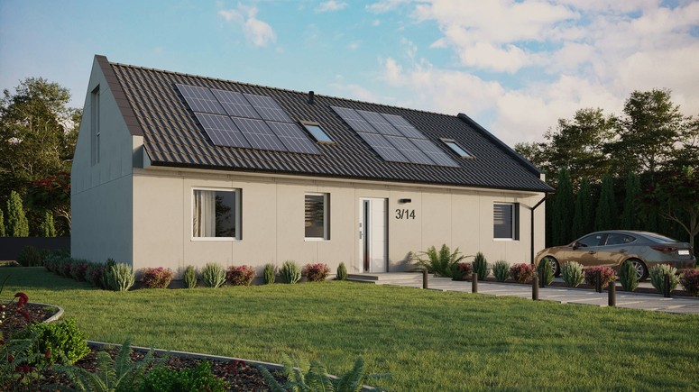 Projekt ERDOL 3 XL - Wersja prawa (salon po prawej stronie) - Dwuspadowy nowoczesny z poddaszem użytkowym – kąt nachylenia 35 stopni - Dwa okna dachowe pokojowe - Okno balkonowe w jadalni i okna na poddaszu do podłogi - Bez styropianu, siatki i kleju - Biały - Instalacja fotowoltaiczna 4,8 kWp (12 paneli)