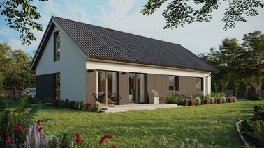 Projekt ERDOL 3 XL - Wersja prawa (salon po prawej stronie) - Dwuspadowy z poddaszem użytkowym – kąt nachylenia 35 stopni - Bez okien/świetlików dachowych - Okno balkonowe w jadalni i okna na poddaszu do podłogi - Styropian, siatka i klej - Antracyt - Bez instalacji fotowoltaicznej