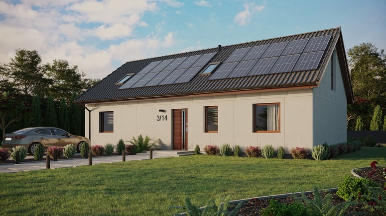 Projekt ERDOL 3 XL - Wersja lewa (salon po lewej stronie) - Dwuspadowy z poddaszem użytkowym – kąt nachylenia 35 stopni - Dwa okna dachowe pokojowe i okno dachowe łazienkowe - Okno balkonowe w jadalni i okna na poddaszu do podłogi - Bez styropianu, siatki i kleju - Orzech - Instalacja fotowoltaiczna 8,0 kWp (20 paneli)