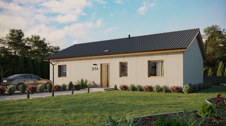 Projekt ERDOL 3 XL - Wersja lewa (salon po lewej stronie) - Dwuspadowy bez poddasza użytkowego – kąt nachylenia 25 stopni - Świetlik dachowy - Okna standardowe - Bez styropianu, siatki i kleju - Winchester - Bez instalacji fotowoltaicznej