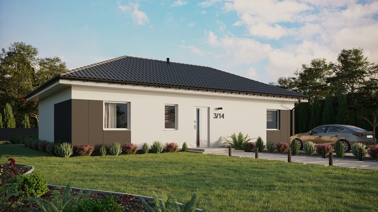 Projekt ERDOL 3 XL - Wersja prawa (salon po prawej stronie) - Czterospadowy bez poddasza użytkowego – kąt nachylenia 25 stopni - Bez okien/świetlików dachowych - Okna standardowe - Styropian, siatka i klej - Biały