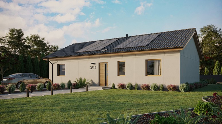 Projekt ERDOL 3 XL - Wersja lewa (salon po lewej stronie) - Dwuspadowy bez poddasza użytkowego – kąt nachylenia 25 stopni - Świetlik dachowy - Okna standardowe - Bez styropianu, siatki i kleju - Winchester - Instalacja fotowoltaiczna 4,8 kWp (12 paneli)