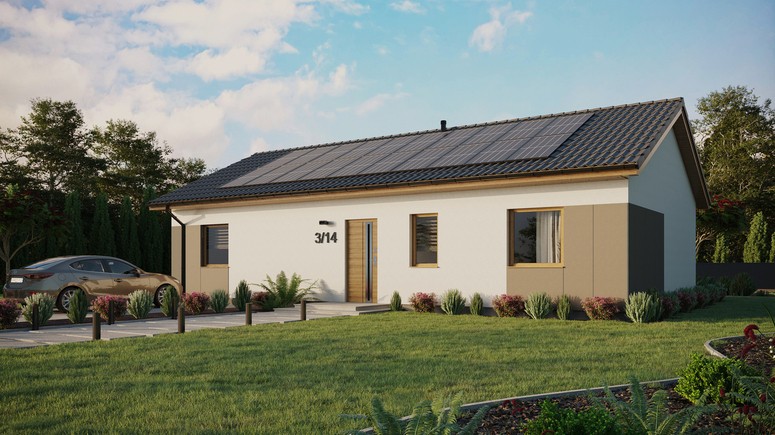 Projekt ERDOL 3 XL - Wersja lewa (salon po lewej stronie) - Dwuspadowy bez poddasza użytkowego – kąt nachylenia 25 stopni - Bez okien/świetlików dachowych - Okna standardowe - Styropian, siatka i klej - Winchester - Instalacja fotowoltaiczna 8,0 kWp (20 paneli)