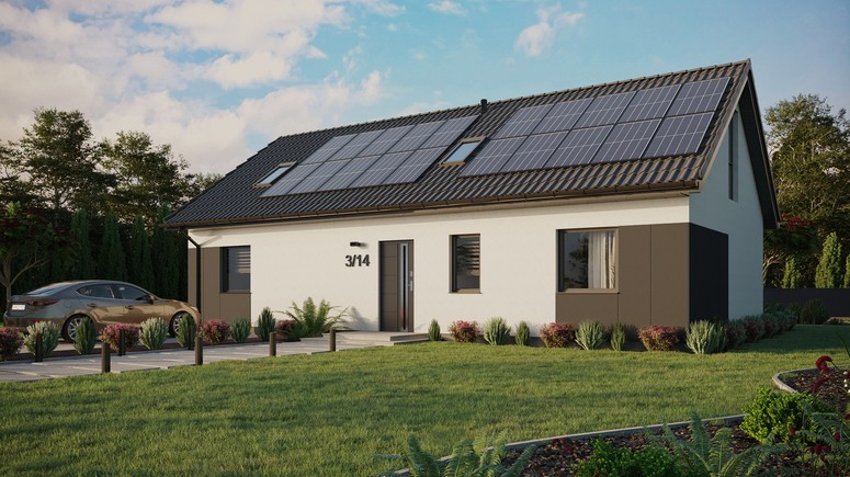 Projekt ERDOL 3 XL - Wersja lewa (salon po lewej stronie) - Dwuspadowy z poddaszem użytkowym – kąt nachylenia 35 stopni - Dwa okna dachowe pokojowe i okno dachowe łazienkowe - Okno balkonowe w jadalni i okna na poddaszu do podłogi - Styropian, siatka i klej - Antracyt - Instalacja fotowoltaiczna 8,0 kWp (20 paneli)