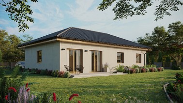 Projekt ERDOL 3 XL - Wersja prawa (salon po prawej stronie) - Czterospadowy bez poddasza użytkowego – kąt nachylenia 25 stopni - Bez okien/świetlików dachowych - Okna standardowe - Bez styropianu, siatki i kleju - Winchester