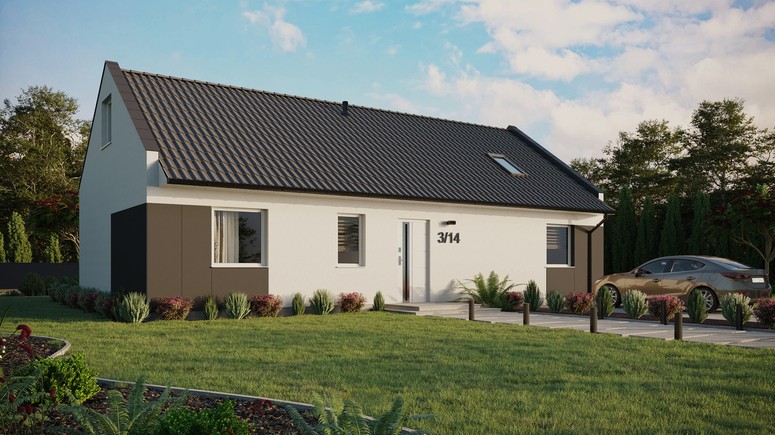 Projekt ERDOL 3 XL - Wersja prawa (salon po prawej stronie) - Dwuspadowy nowoczesny z poddaszem użytkowym – kąt nachylenia 35 stopni - Okno dachowe pokojowe i łazienkowe - Okna standardowe - Styropian, siatka i klej - Biały - Bez instalacji fotowoltaicznej