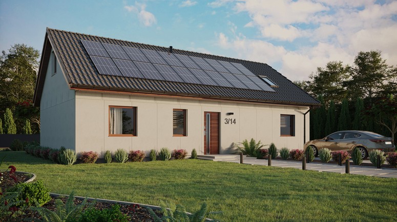 Projekt ERDOL 3 XL - Wersja prawa (salon po prawej stronie) - Dwuspadowy z poddaszem użytkowym – kąt nachylenia 35 stopni - Okno dachowe pokojowe i łazienkowe - Okna standardowe - Bez styropianu, siatki i kleju - Orzech - Instalacja fotowoltaiczna 8,0 kWp (20 paneli)