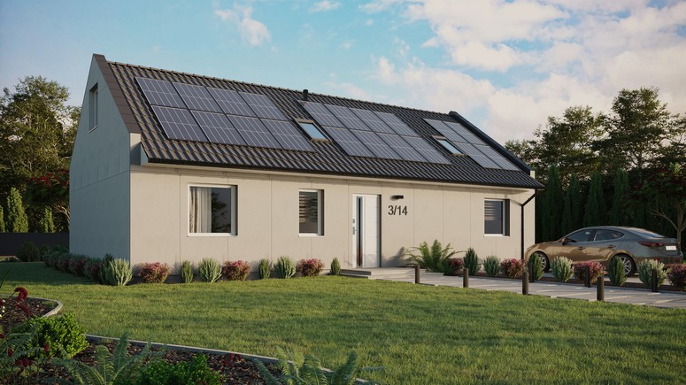 Projekt ERDOL 3 XL - Wersja prawa (salon po prawej stronie) - Dwuspadowy nowoczesny z poddaszem użytkowym – kąt nachylenia 35 stopni - Dwa okna dachowe pokojowe - Okna standardowe - Bez styropianu, siatki i kleju - Biały - Instalacja fotowoltaiczna 8,0 kWp (20 paneli)