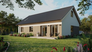 Projekt ERDOL 3 XL - Wersja lewa (salon po lewej stronie) - Dwuspadowy z poddaszem użytkowym – kąt nachylenia 35 stopni - Okno dachowe pokojowe i łazienkowe - Okna standardowe - Styropian, siatka i klej - Winchester - Bez instalacji fotowoltaicznej