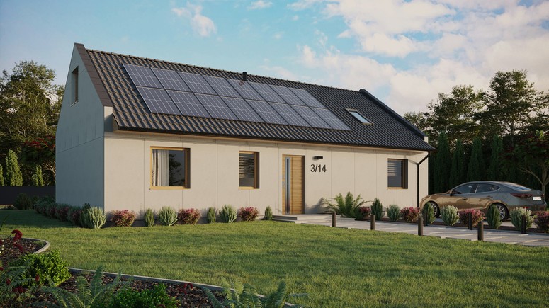 Projekt ERDOL 3 XL - Wersja prawa (salon po prawej stronie) - Dwuspadowy nowoczesny z poddaszem użytkowym – kąt nachylenia 35 stopni - Okno dachowe pokojowe i łazienkowe - Okna standardowe - Bez styropianu, siatki i kleju - Winchester - Instalacja fotowoltaiczna 6,4 kWp (16 paneli)
