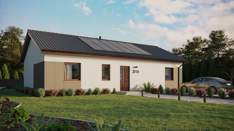 Projekt ERDOL 3 XL - Wersja prawa (salon po prawej stronie) - Dwuspadowy bez poddasza użytkowego – kąt nachylenia 25 stopni - Bez okien/świetlików dachowych - Okna standardowe - Styropian, siatka i klej - Orzech - Instalacja fotowoltaiczna 4,8 kWp (12 paneli)