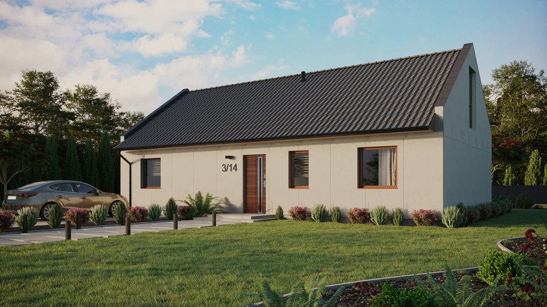 Projekt ERDOL 3 XL - Wersja lewa (salon po lewej stronie) - Dwuspadowy nowoczesny z poddaszem użytkowym – kąt nachylenia 35 stopni - Bez okien/świetlików dachowych - Okno balkonowe w jadalni i okna na poddaszu do podłogi - Bez styropianu, siatki i kleju - Orzech - Bez instalacji fotowoltaicznej