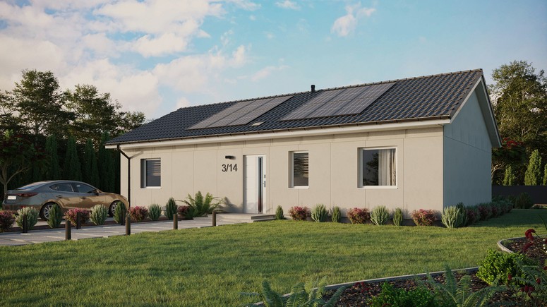 Projekt ERDOL 3 XL - Wersja lewa (salon po lewej stronie) - Dwuspadowy bez poddasza użytkowego – kąt nachylenia 25 stopni - Świetlik dachowy - Okna standardowe - Bez styropianu, siatki i kleju - Biały - Instalacja fotowoltaiczna 4,8 kWp (12 paneli)
