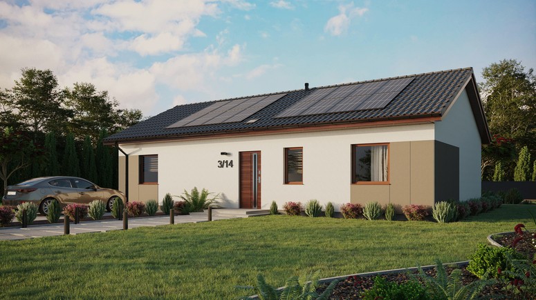Projekt ERDOL 3 XL - Wersja lewa (salon po lewej stronie) - Dwuspadowy bez poddasza użytkowego – kąt nachylenia 25 stopni - Świetlik dachowy - Okno balkonowe w jadalni - Styropian, siatka i klej - Orzech - Instalacja fotowoltaiczna 6,4 kWp (16 paneli)