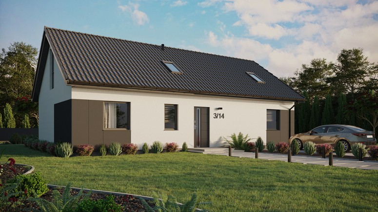 Projekt ERDOL 3 XL - Wersja prawa (salon po prawej stronie) - Dwuspadowy z poddaszem użytkowym – kąt nachylenia 35 stopni - Dwa okna dachowe pokojowe - Okno balkonowe w jadalni i okna na poddaszu do podłogi - Styropian, siatka i klej - Antracyt - Bez instalacji fotowoltaicznej