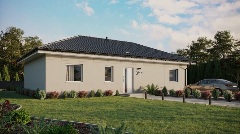 Projekt ERDOL 3 XL - Wersja prawa (salon po prawej stronie) - Czterospadowy bez poddasza użytkowego – kąt nachylenia 25 stopni - Świetlik dachowy - Okna standardowe - Bez styropianu, siatki i kleju - Biały