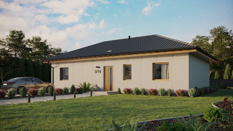 Projekt ERDOL 3 XL - Wersja lewa (salon po lewej stronie) - Czterospadowy bez poddasza użytkowego – kąt nachylenia 25 stopni - Świetlik dachowy - Okna standardowe - Bez styropianu, siatki i kleju - Winchester