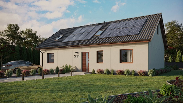 Projekt ERDOL 3 XL - Wersja lewa (salon po lewej stronie) - Dwuspadowy z poddaszem użytkowym – kąt nachylenia 35 stopni - Dwa okna dachowe pokojowe i okno dachowe łazienkowe - Okna standardowe - Bez styropianu, siatki i kleju - Orzech - Instalacja fotowoltaiczna 6,4 kWp (16 paneli)