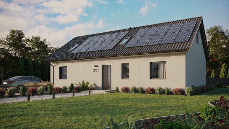 Projekt ERDOL 3 XL - Wersja lewa (salon po lewej stronie) - Dwuspadowy z poddaszem użytkowym – kąt nachylenia 35 stopni - Dwa okna dachowe pokojowe - Okno balkonowe w jadalni - Bez styropianu, siatki i kleju - Antracyt - Instalacja fotowoltaiczna 8,0 kWp (20 paneli)