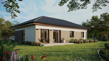 Projekt ERDOL 3 XL - Wersja prawa (salon po prawej stronie) - Czterospadowy bez poddasza użytkowego – kąt nachylenia 25 stopni - Bez okien/świetlików dachowych - Okno balkonowe w jadalni - Styropian, siatka i klej - Orzech