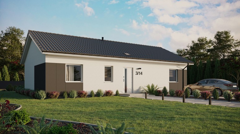 Projekt ERDOL 3 XL - Wersja prawa (salon po prawej stronie) - Dwuspadowy bez poddasza użytkowego – kąt nachylenia 25 stopni - Świetlik dachowy - Okna standardowe - Styropian, siatka i klej - Biały - Bez instalacji fotowoltaicznej