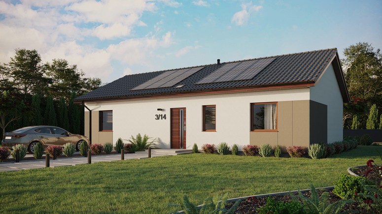 Projekt ERDOL 3 XL - Wersja lewa (salon po lewej stronie) - Dwuspadowy bez poddasza użytkowego – kąt nachylenia 25 stopni - Świetlik dachowy - Okna standardowe - Styropian, siatka i klej - Orzech - Instalacja fotowoltaiczna 4,8 kWp (12 paneli)