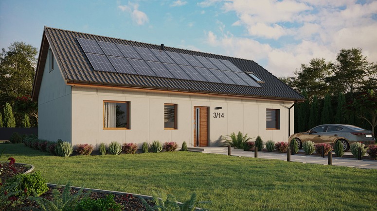 Projekt ERDOL 3 XL - Wersja prawa (salon po prawej stronie) - Dwuspadowy z poddaszem użytkowym – kąt nachylenia 35 stopni - Okno dachowe pokojowe i łazienkowe - Okna standardowe - Bez styropianu, siatki i kleju - Złoty dąb - Instalacja fotowoltaiczna 8,0 kWp (20 paneli)