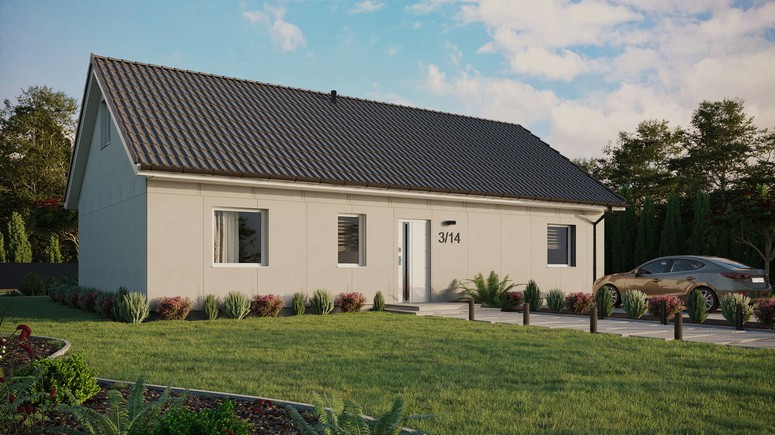 Projekt ERDOL 3 XL - Wersja prawa (salon po prawej stronie) - Dwuspadowy z poddaszem użytkowym – kąt nachylenia 35 stopni - Bez okien/świetlików dachowych - Okna standardowe - Bez styropianu, siatki i kleju - Biały - Bez instalacji fotowoltaicznej