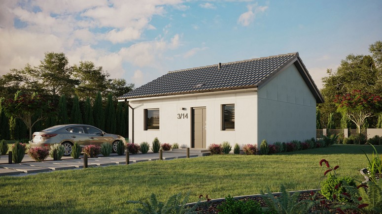 Projekt ERDOL 1 - Wersja lewa (salon po lewej stronie) - Dwuspadowy bez poddasza użytkowego – kąt nachylenia 25 stopni - Świetlik dachowy - Okna standardowe - Bez styropianu, siatki i kleju - Antracyt - Bez instalacji fotowoltaicznej