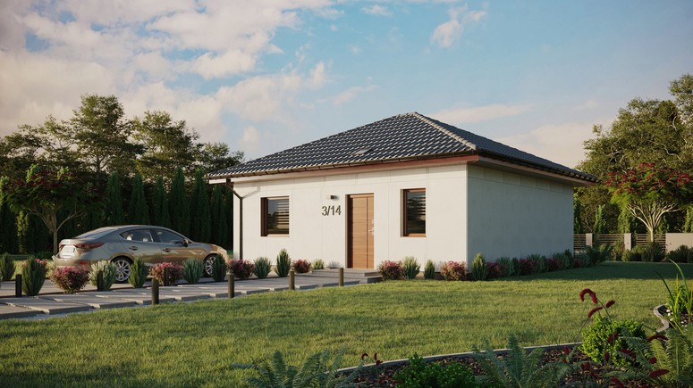 Projekt ERDOL 1 - Wersja lewa (salon po lewej stronie) - Czterospadowy bez poddasza użytkowego – kąt nachylenia 25 stopni - Świetlik dachowy - Okno balkonowe w jadalni - Bez styropianu, siatki i kleju - Orzech