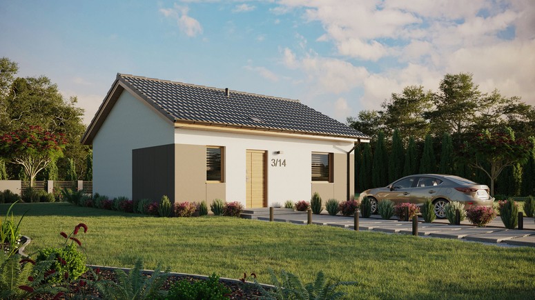 Projekt ERDOL 1 - Wersja prawa (salon po prawej stronie) - Dwuspadowy bez poddasza użytkowego – kąt nachylenia 25 stopni - Świetlik dachowy - Okna standardowe - Styropian, siatka i klej - Winchester - Bez instalacji fotowoltaicznej