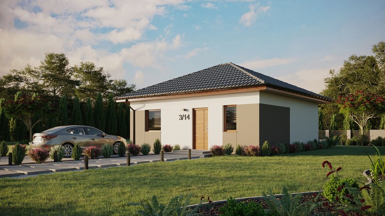 Projekt ERDOL 1 - Wersja lewa (salon po lewej stronie) - Czterospadowy bez poddasza użytkowego – kąt nachylenia 25 stopni - Bez okien/świetlików dachowych - Okna standardowe - Styropian, siatka i klej - Złoty dąb