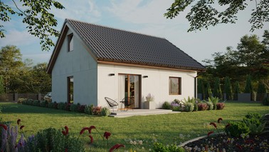 Projekt ERDOL 1 - Wersja prawa (salon po prawej stronie) - Dwuspadowy z poddaszem użytkowym – kąt nachylenia 35 stopni - Bez okien/świetlików dachowych - Okno balkonowe w jadalni - Bez styropianu, siatki i kleju - Złoty dąb - Bez instalacji fotowoltaicznej