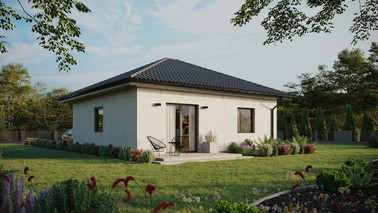 Projekt ERDOL 1 - Wersja prawa (salon po prawej stronie) - Czterospadowy bez poddasza użytkowego – kąt nachylenia 25 stopni - Bez okien/świetlików dachowych - Okna standardowe - Bez styropianu, siatki i kleju - Antracyt